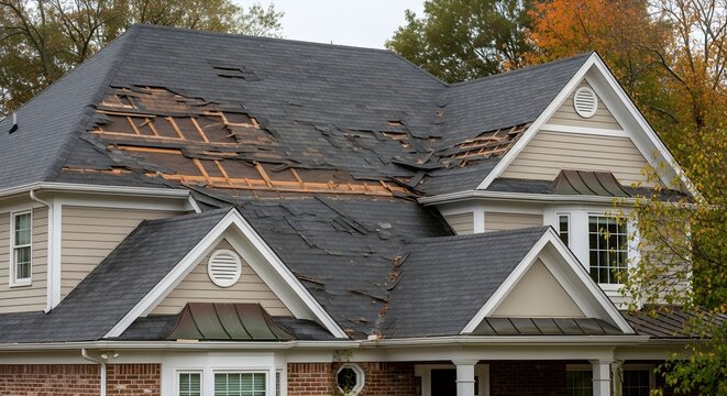 Damaged roof with missing shingles after storm, revealing wooden underlayment and insulation, requiring urgent repair.