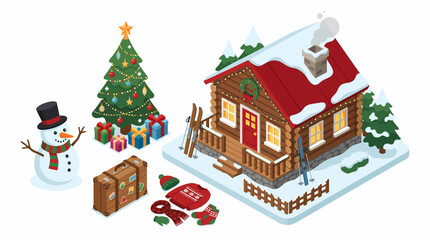 Fototapeta premium Cozy Winter Cabin Scene with Christmas Tree and Snowman 1.
