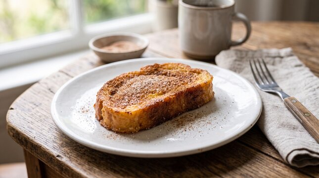 Golden brown French toast slice sprinkled with cinnamon and sugar served on a white plate with coffee and fork