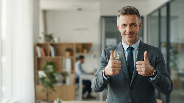 Man in a grey suit giving two thumbs up in a modern office with staff at desks
