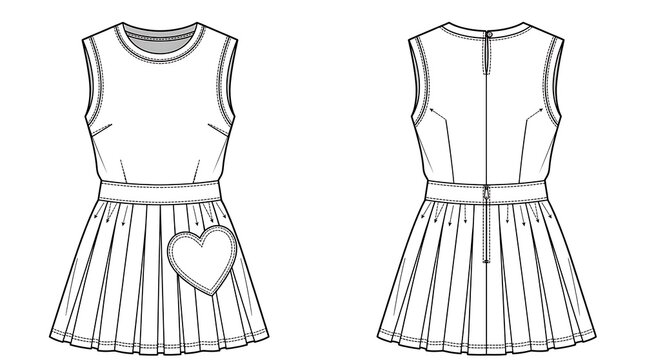 Technical fashion sketch of a women's two-piece ensemble consisting of a sleeveless top and a pleated mini skirt with a heart-shaped pocket detail, presented in front and back views.