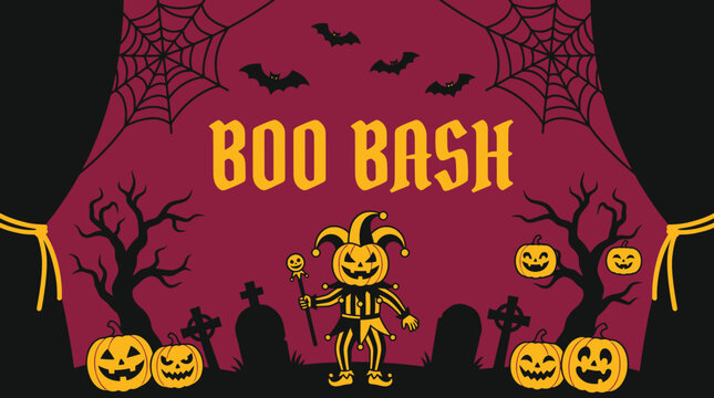 A spooky halloween background featuring a jester pumpkin character in a graveyard setting perfect for festive party invitations and banners