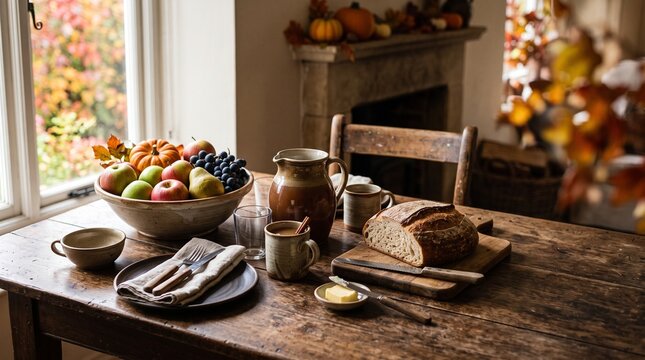 Cozy Autumn Table Setting with Fresh Bread Fruit and Warm Drinks by a Window