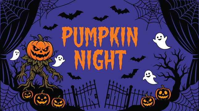 A festive halloween background featuring a spooky pumpkin night theme with ghosts bats and jack o lanterns for holiday party decorations