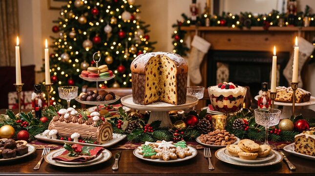 Festive Christmas Table Laden With Traditional Desserts And Decorated Tree