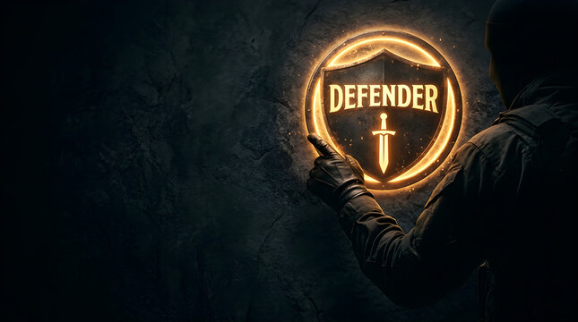Person in tactical gear pointing at a glowing shield wall emblem