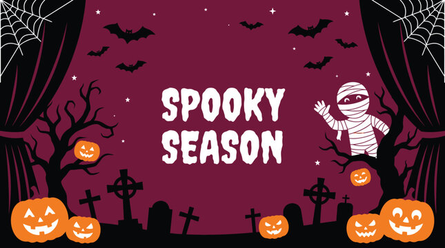 A festive halloween background featuring a spooky season text design with cute mummy pumpkins bats and a dark graveyard scene