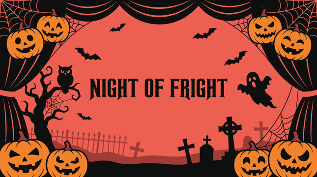 A festive halloween background featuring carved jack o lanterns spooky silhouettes of bats ghosts and a graveyard for holiday party invitations