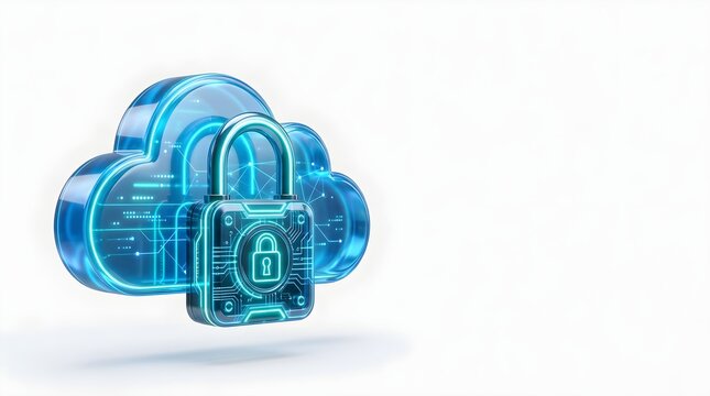 Digital cloud storage secured by padlock protecting cyber data security concept with glowing blue network lines on isolated plain white background light.