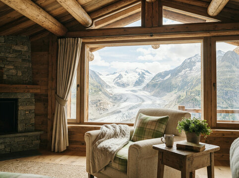 Cosy cabin living room with a stone fireplace and glacier view with no people present
