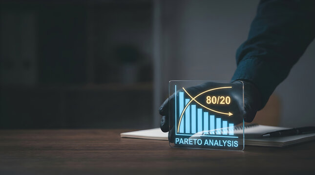 Person wearing black gloves holding a digital pareto analysis chart