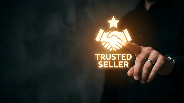 Person touching a glowing trusted seller icon on a dark background