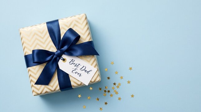 Father's Day gift box with Best Dad Ever tag. Elegant blue ribbon on cream present. Masculine holiday celebration flat lay.