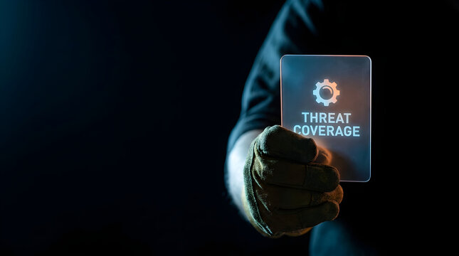 Person wearing tactical gloves holding a glowing threat coverage sign