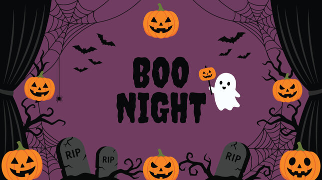 Festive purple halloween background featuring a cute ghost jack o lanterns gravestones and bats for a spooky holiday party celebration