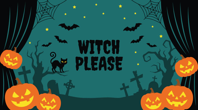 An atmospheric halloween background featuring a spooky graveyard scene with carved jack o lanterns bats a black cat and text