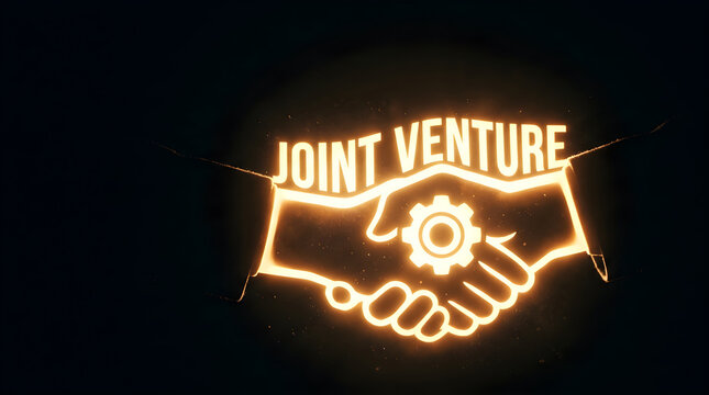 Neon handshake icon with a gear and joint venture text overlay