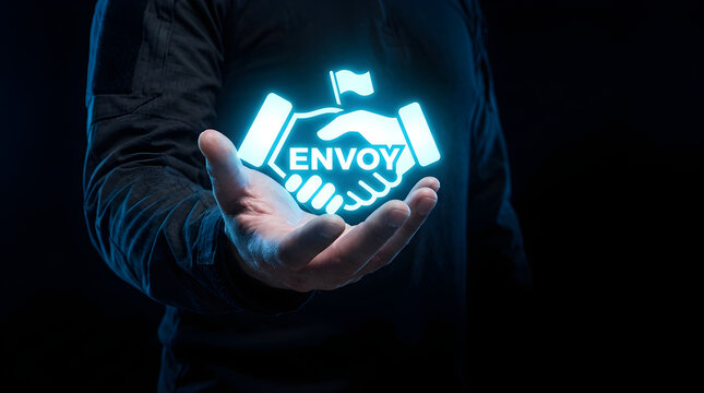 Person holding a glowing digital handshake icon with envoy text
