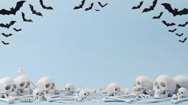 Minimalist halloween template with flying bats and human skulls on a light blue background for design