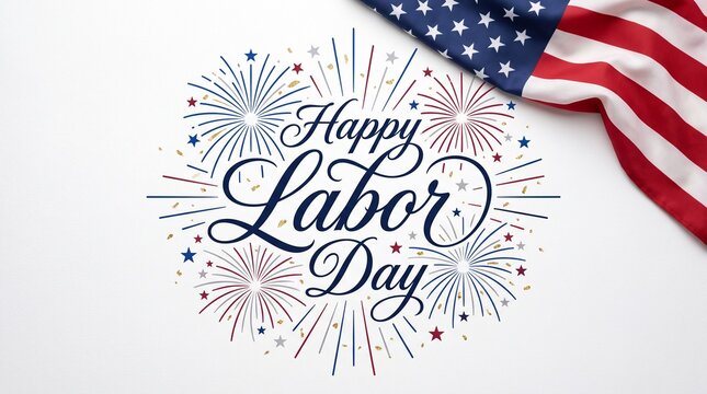 Happy Labor Day greeting with American flag and fireworks, patriotic US holiday celebration background, festive red white and blue banner