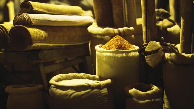 Rustic spice market stall with sacks of golden turmeric, cumin, cinnamon and saffron piled in burlap under warm low lighting, textured fabrics, artisan trade