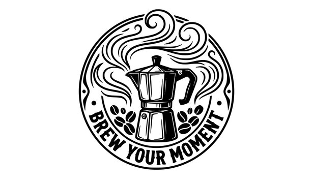 Brew your moment coffee badge featuring an italian moka pot with steam swirls and roasted coffee beans coffee maker hot beverage cafes emblem espresso maker morning coffee