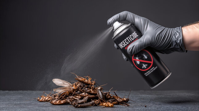 Exterminator spraying insecticide on pile of cockroaches. Pest control service using chemical spray to eliminate domestic insect infestation.