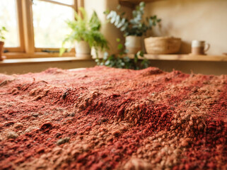 Fototapeta premium Deep reddish brown textured rug in a plant filled sunlit room in soft daylight