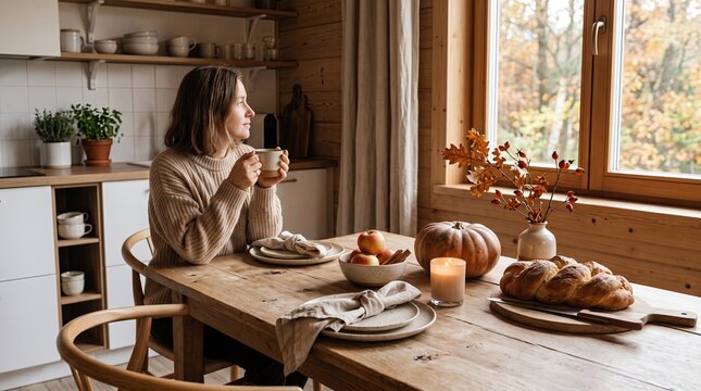 Cozy autumn dining table setting with pumpkin, bread, apples and neutral tableware in bright rustic kitchen, warm Thanksgiving harvest interior with natural seasonal home decor