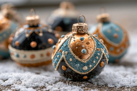 Vintage christmas baubles resting on snow covered wood surface with holiday ornaments