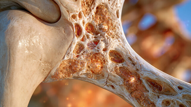 Close-up 3D digital painting of cancerous hip bone tissue with microscopic visualization of tumor cells infiltrating the bone marrow, healthy smooth bone on one side gradually transitioning into fra