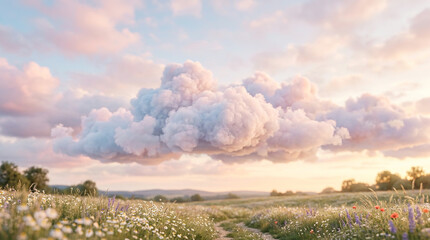 Obraz premium Towering white cloud above a wildflower meadow and a winding dirt path