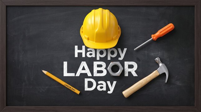 Happy Labor Day greeting on chalkboard, yellow hard hat with construction tools, industrial holiday celebration banner