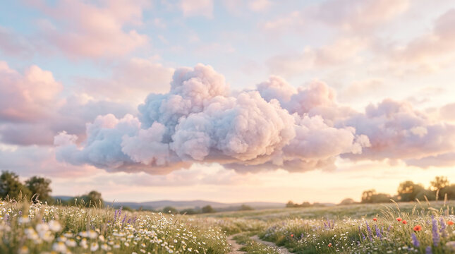 Towering white cloud above a wildflower meadow and a winding dirt path