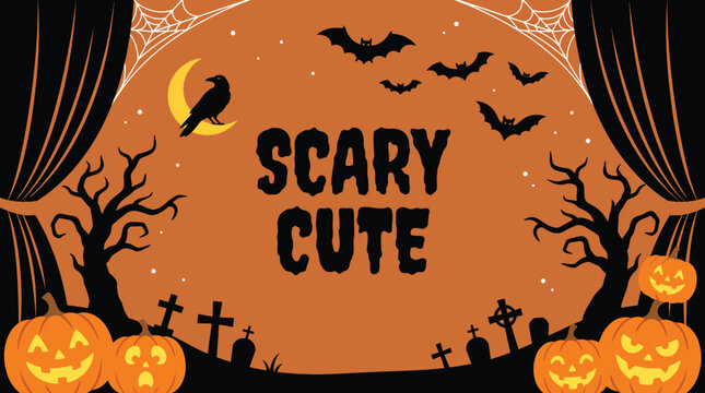 A festive halloween background featuring spooky trees pumpkins bats and a moon with the text scary cute for holiday celebrations