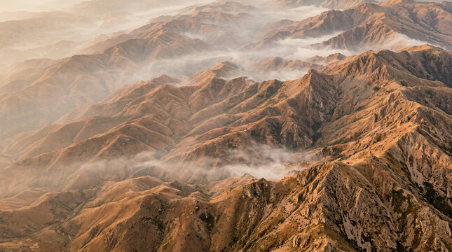 Vast mountain range of rolling ridges above valleys filled with low cloud