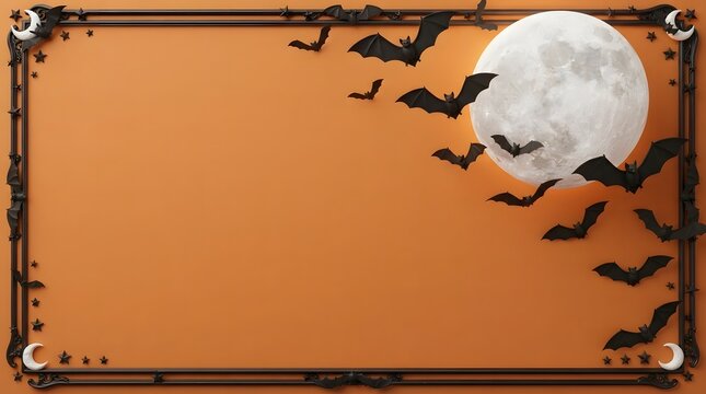 A festive halloween template featuring a full moon and flying bats against an orange background