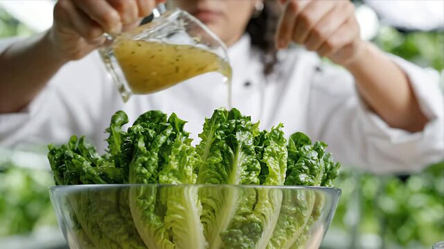 Smart Vertical Agriculture Chef Slicing Fresh Leafy Lettuce in Glass Bowl, Adding Salad Dressing for Healthy Cuisine and Sustainable Indoor Food Production