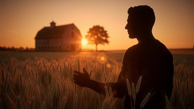 Silhouetted man in a wheat field at sunset gently touches an ear of wheat with a farm barn and lone tree in the background.
