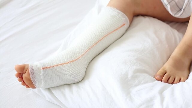 Children's broken leg in orthopedic cast on a white bed in the . Broken leg in cast of an young child