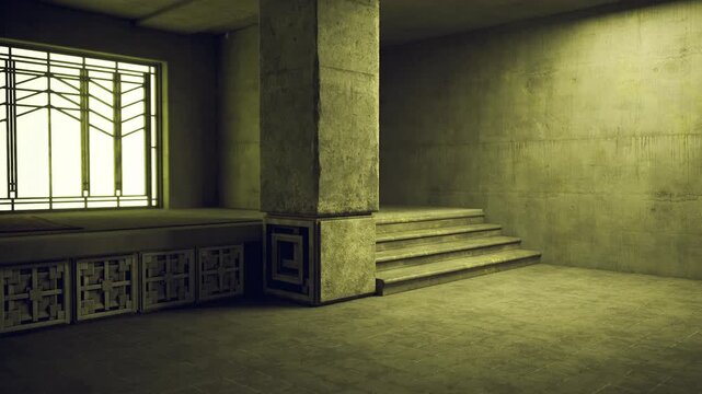 Minimal showroom space with stepped platform and tall window light, clean concrete planes and balanced proportions, neutral palette for product or architectural