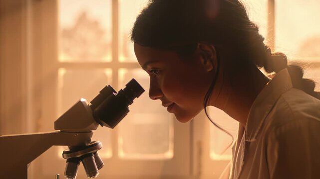 Close-up of a school girl scientist looking into a microscope while tucking back her hair by a warmly lit window.