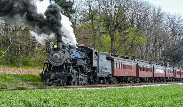 A steam train with black smoke rises in the air while moving along a green field. The train is passing near trees during daylight in spring. People can ride in the red passenger cars.