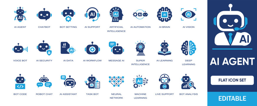 AI Agent, Virtual Assistant & Machine Learning solid icon set. Includes symbols chat bot, deep learning, automation, voice bot, AI vision and robot. Vector icons design for artificial intelligence.