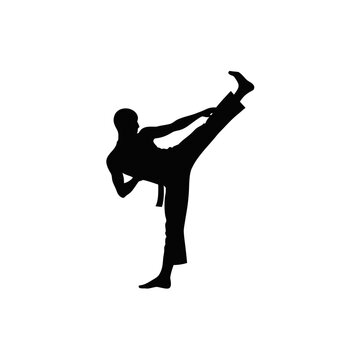 Kung Fu warrior kicking high in combat stance, martial arts silhouette, karate fighting vector. Dynamic black martial artist performing high kick. Ideal for dojo logos, gym posters