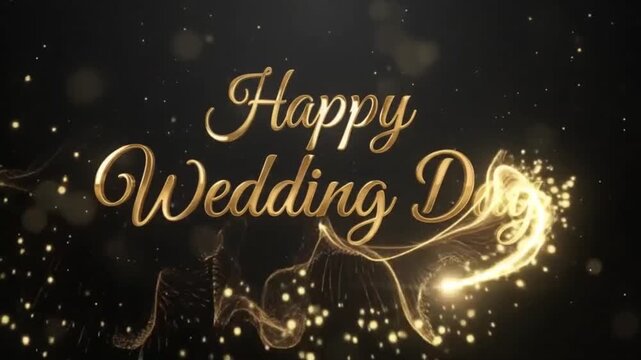 Golden Happy Wedding Day Text Animation with Glowing Particles and Hearts on Black
