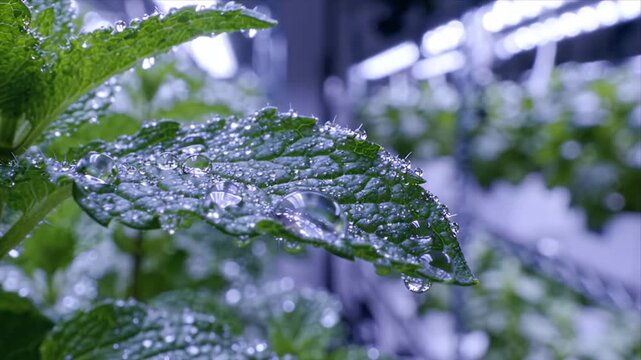Smart Vertical Agriculture Hydroponic Indoor Farm Greenhouse with Water Droplet Covered Leaf, Fresh Sustainable Plant Growth, Controlled Lighting, Detailed Texture, Calm Natural Botanical Atmosphere