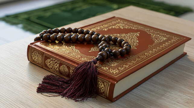 holy Quran with ornate gold embellishments on a brown leather cover, lying on a light wood table, 