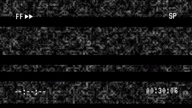 Analog VHS Fast Forward Overlay, 4K Animated Tape Static and FF Sign with black background. Vintage VHS fast forward screen. 4K Video.