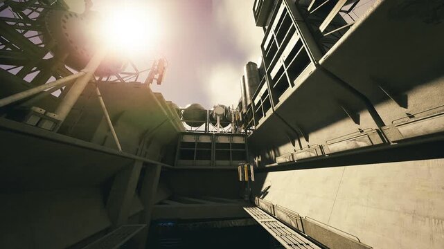 Sunlit repeating tanks and crossbeams form strong geometric patterns, rhythmic composition, crisp edges and warm haze, editorial focus on architecture, form,